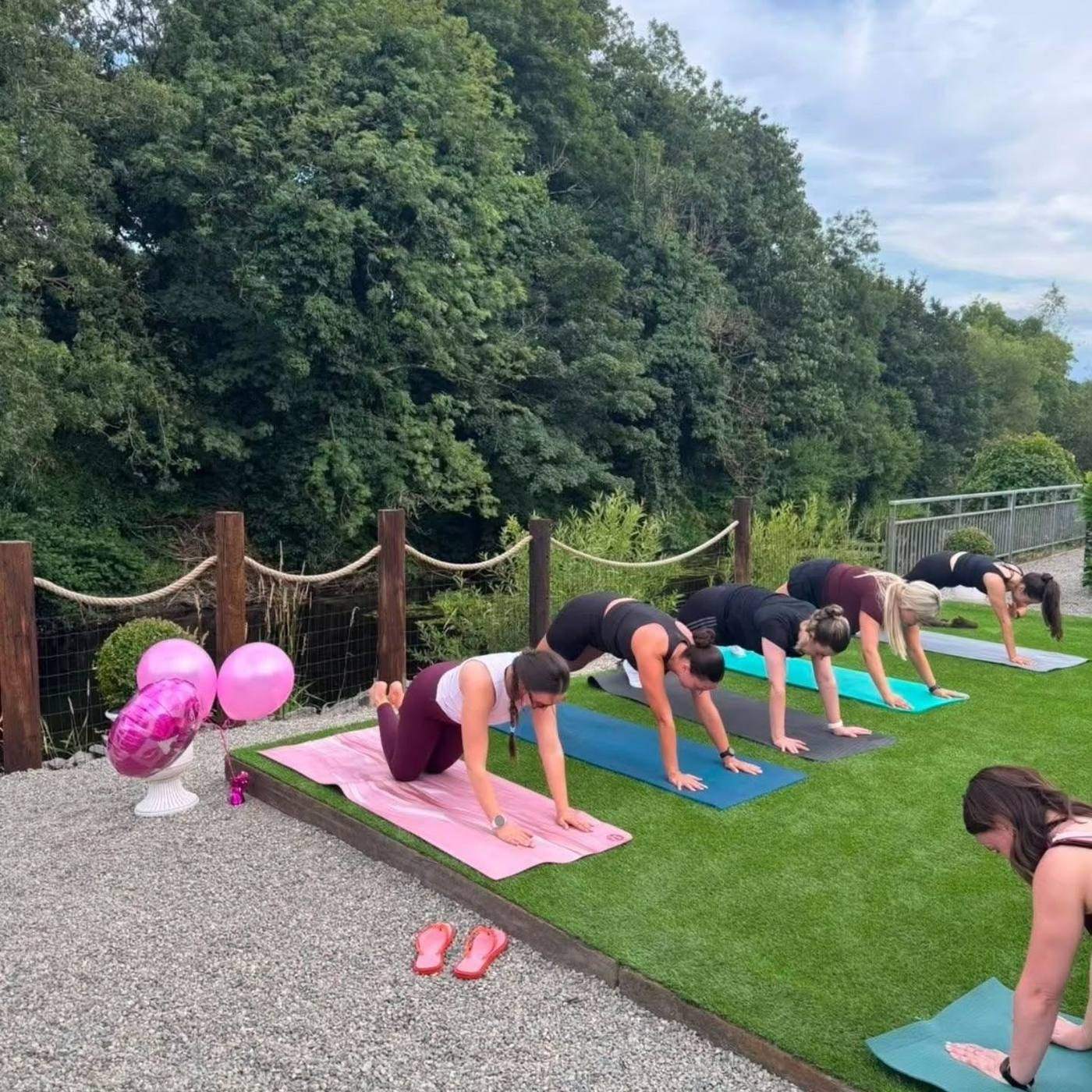 A group holding a plank on the lawn by the river